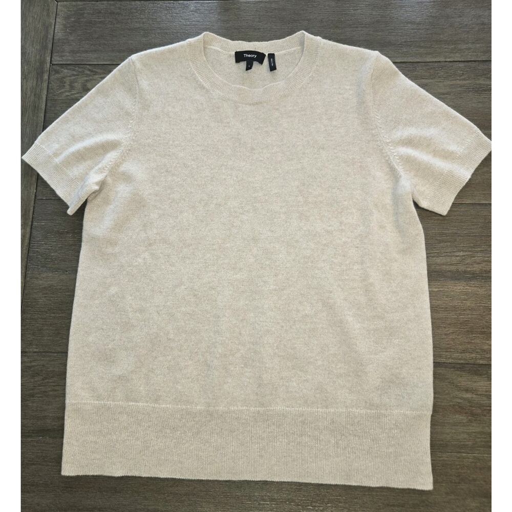 Theory Tolleree Cashmere Short Sleeve Sweater L Ivory Pullover Classic Luxury